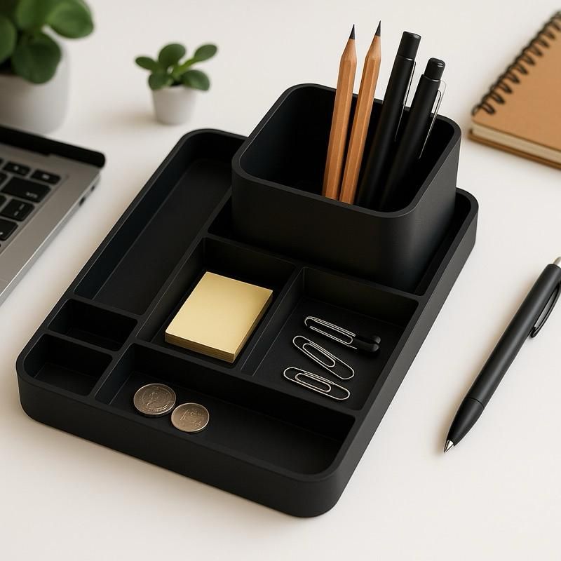 Matte charcoal 3D-printed PLA pen holder on a neutral background